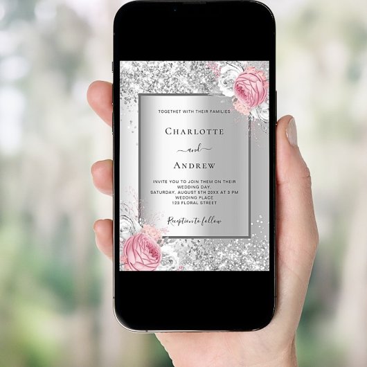 Zilveren roze witte bloemenQR code RSVP bruiloft Kaart