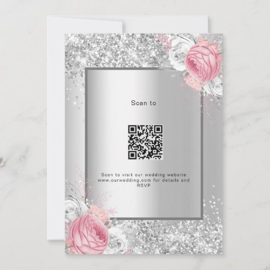 Zilveren roze witte bloemenQR code RSVP bruiloft Kaart (Achterkant)