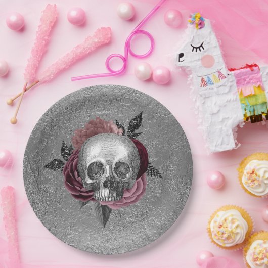 Zilveren Roze Zwart Schedel Hoofd Bruiloft Papieren Bordje (Feest)