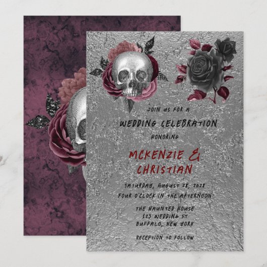 Zilveren Roze Zwart Schedel Hoofd Halloween Bruilo Kaart (Voorkant / Achterkant)