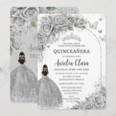 Zilveren Rozen Floral Quinceanera Sweet 16 Birthda Kaart (Voorkant / Achterkant)