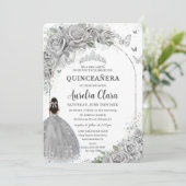 Zilveren Rozen Floral Quinceanera Sweet 16 Birthda Kaart (Staand voorkant)