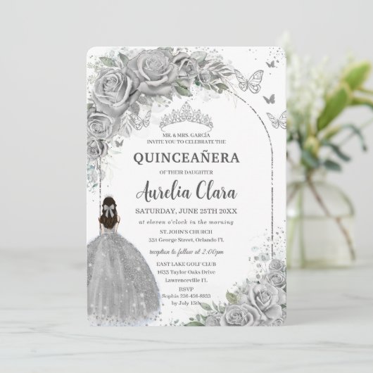 Zilveren Rozen Floral Quinceanera Sweet 16 Birthda Kaart (Staand voorkant)