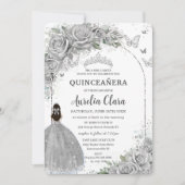Zilveren Rozen Floral Quinceanera Sweet 16 Birthda Kaart (Voorkant)
