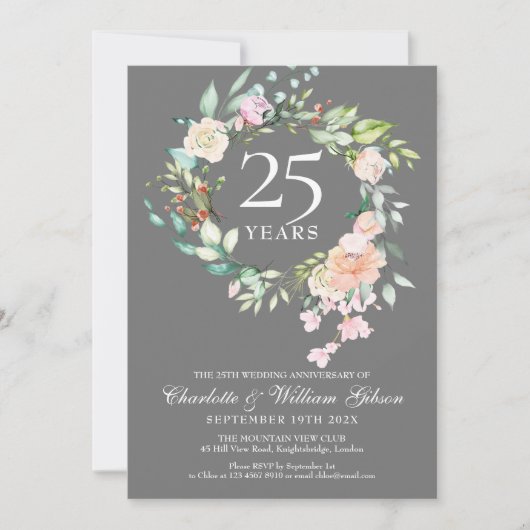 Zilveren Rozen Krans Bloemstuk 25e Verjaardag Kaart (Voorkant)