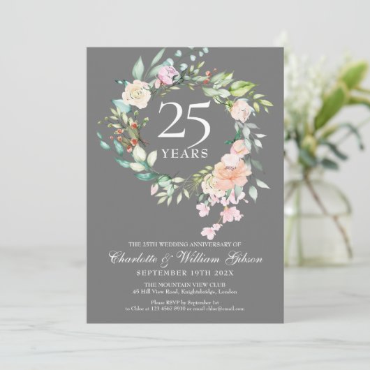 Zilveren Rozen Krans Bloemstuk 25e Verjaardag Kaart (Staand voorkant)