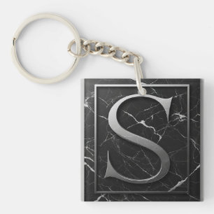 ⚜️ Zilveren S-steenkam op zwart marmeren frame 🔑 Sleutelhanger