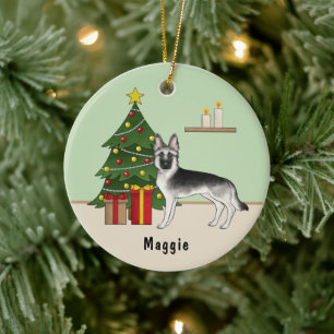 Zilveren Sabel Duitse Herder Groene Kerstboom Keramisch Ornament