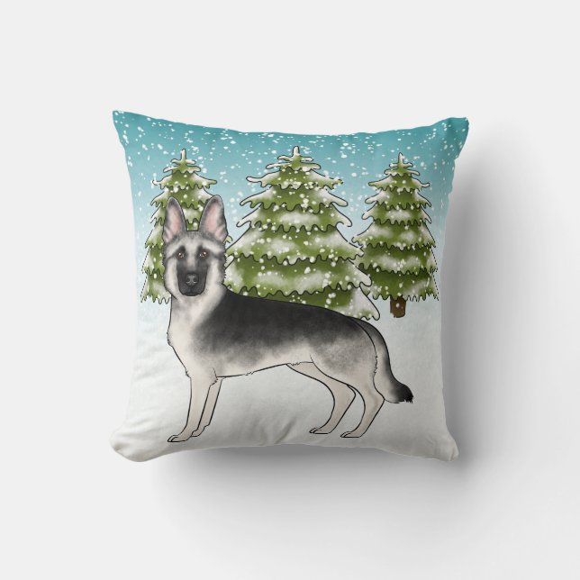 Zilveren Sabel Duitse Herdershond Besneeuwd Winter Kussen (Voorkant)
