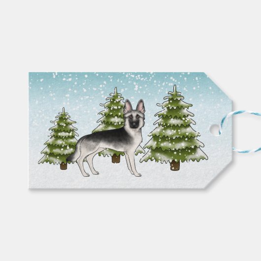 Zilveren Sable Duitse Herder Blauwe Winter Kerstmi Cadeaulabel (Voorkant (Horizontaal))