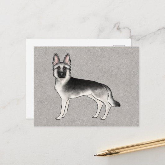 Zilveren Sable Duitse Herder Cartoon GSD Hond Grij Briefkaart (Voorkant / Achterkant in situ)