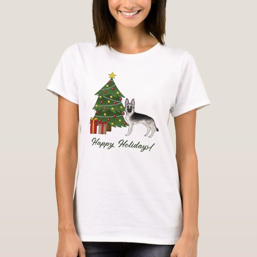 Zilveren Sable Duitse Herder Feestelijke Kerstmis T-shirt (Voorkant)