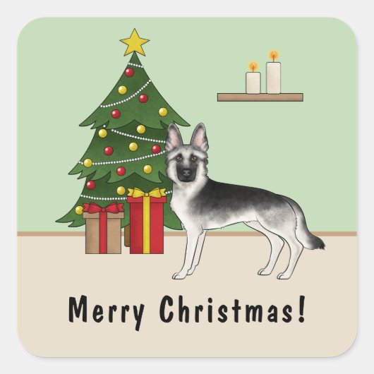 Zilveren Sable Duitse Herder Feestelijke Kerstmis Vierkante Sticker (Voorkant)