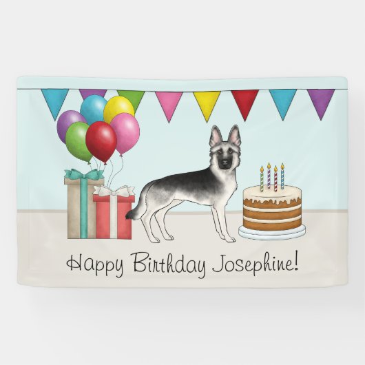 Zilveren Sable Duitse Herder Hond Gelukkige Verjaa Spandoek (Horizontaal)