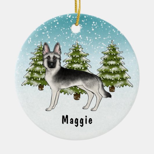 Zilveren Sable Duitse Herder Hond In Winter Bos Keramisch Ornament (Voorkant)