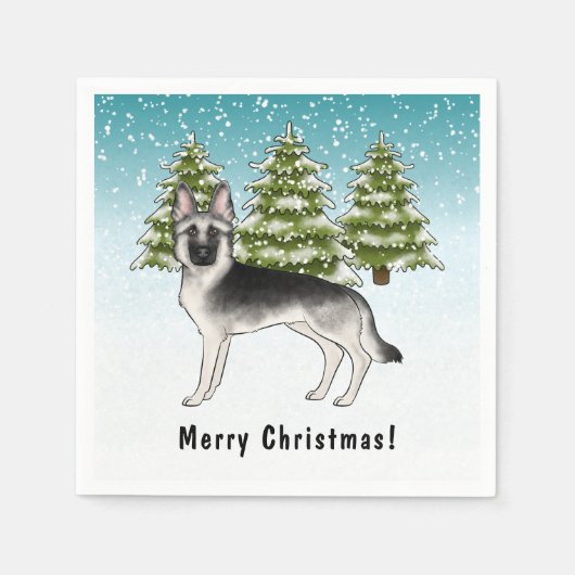 Zilveren Sable Duitse Herder in de winter met teks Servet (Voorkant)