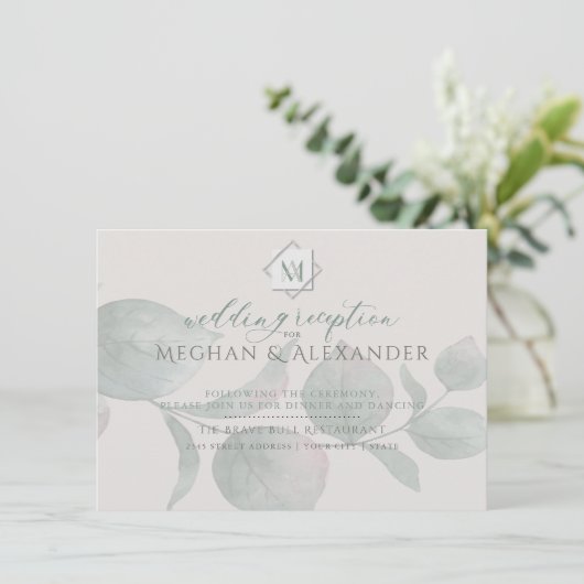 Zilveren Sage Eucalyptus bruiloft Receptie Insert Informatiekaartje (Staand voorkant)