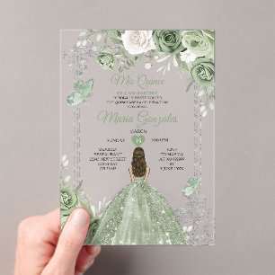 Zilveren Sage Groen Mis Quince 15 Anos Vlinder Acryl Uitnodigingen