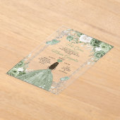 Zilveren Sage Groen Mis Quince 15 Anos Vlinder Acryl Uitnodigingen (Laagn)