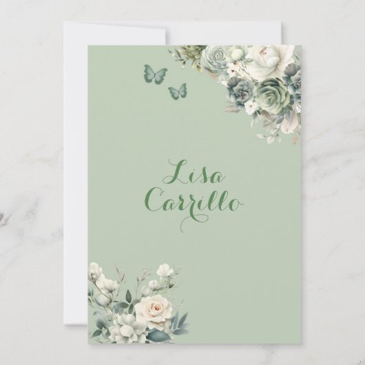 Zilveren Sage Groene Prinses Vlinder Quinceañera Kaart (Achterkant)