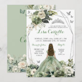 Zilveren Sage Groene Prinses Vlinder Quinceañera Kaart (Voorkant / Achterkant)