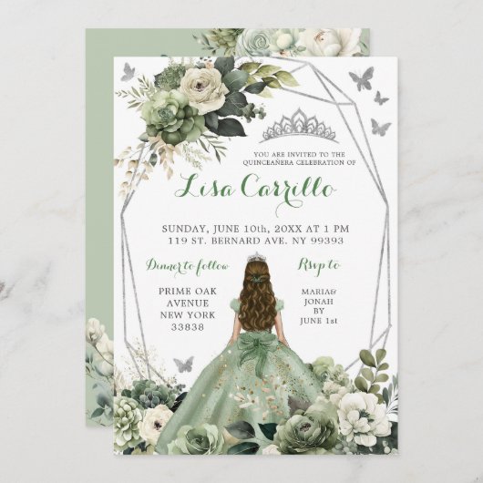 Zilveren Sage Groene Prinses Vlinder Quinceañera Kaart (Voorkant / Achterkant)