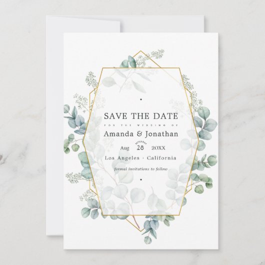Zilveren Salie Eucalyptus Geometrische Trouwfoto Save The Date (Voorkant)