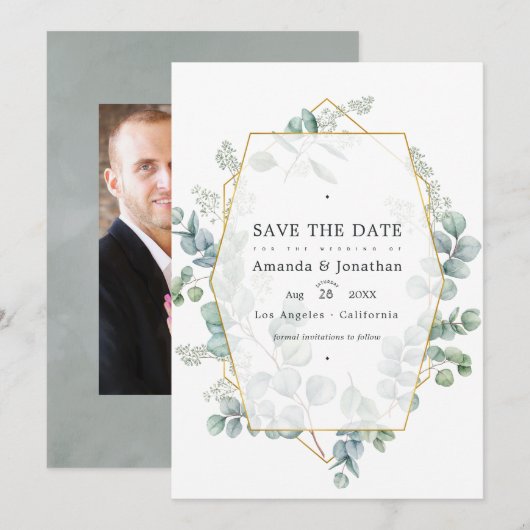 Zilveren Salie Eucalyptus Geometrische Trouwfoto Save The Date (Voorkant / Achterkant)