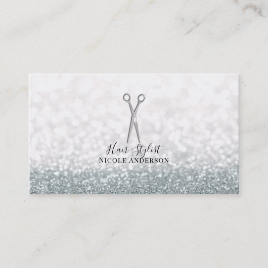 Zilveren Schaar Wit Glitter Hair Stylist Visitekaartje (Voorkant)