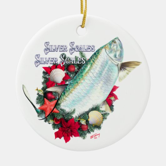 Zilveren Schalen Kerstmis Tarpon Keramisch Ornament (Voorkant)