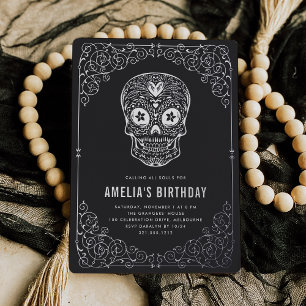Zilveren Schedel Dia de los Muertos Verjaardagsfee Folie Uitnodiging