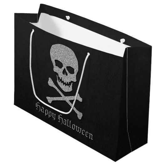 Zilveren schedel en kruisbeenderen Halloween Groot Cadeauzakje (Voorkant Gekanteld)