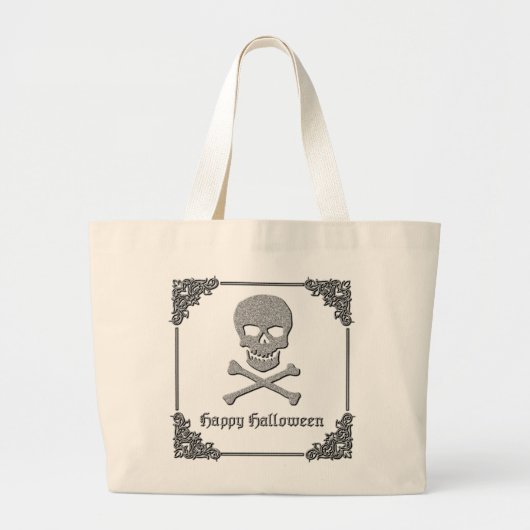 Zilveren schedel en kruisbeenderen Halloween Grote Tote Bag (Voorkant)