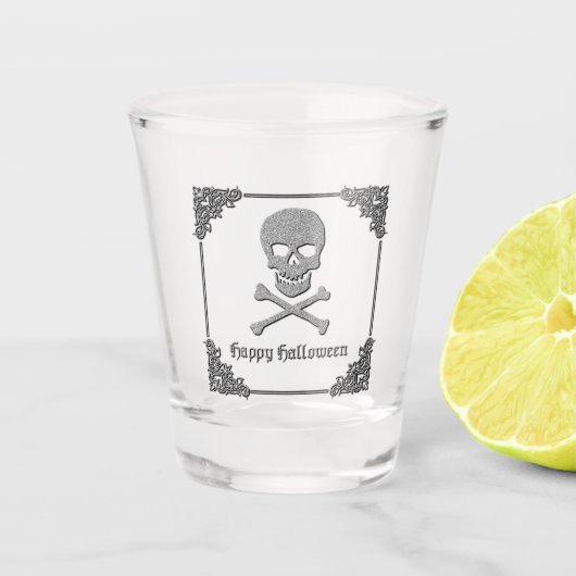 Zilveren schedel en kruisbeenderen Halloween Shot Glas (Voorkant)