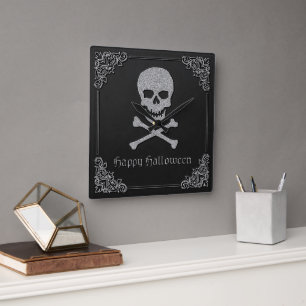 Zilveren schedel en kruisbeenderen Halloween Vierkante Klok