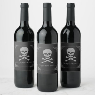 Zilveren schedel en kruisbeenderen Halloween Wijn Etiket
