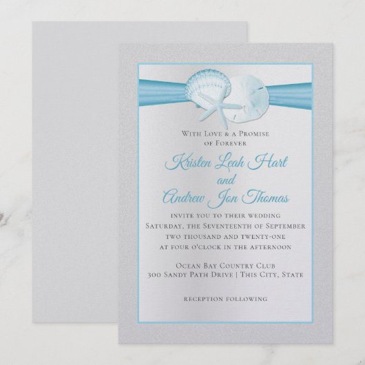 Zilveren Schelpen Tropisch Blauw Strand Wedding Kaart (Voorkant / Achterkant)