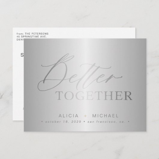 Zilveren script beter samen bruiloft save date aankondigingskaart (Voorkant / Achterkant)
