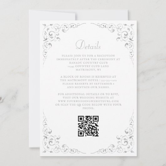 Zilveren Script Botanische Frame QR Code Huwelijk Kaart (Achterkant)