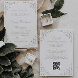 Zilveren Script Botanische Frame QR Code Huwelijk Kaart