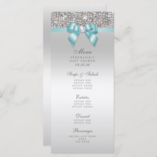 Zilveren Sequin Blauwgroen Bow Baby shower Menu (Voorkant / Achterkant)