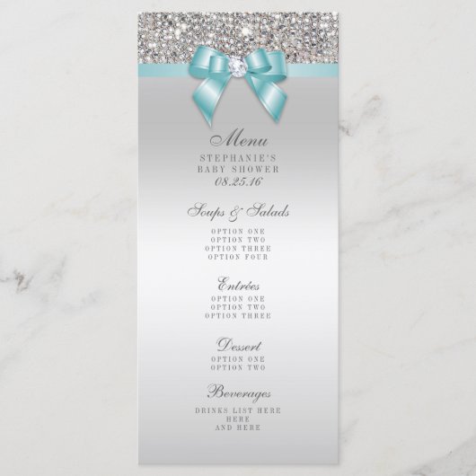 Zilveren Sequin Blauwgroen Bow Baby shower Menu (Voorkant)