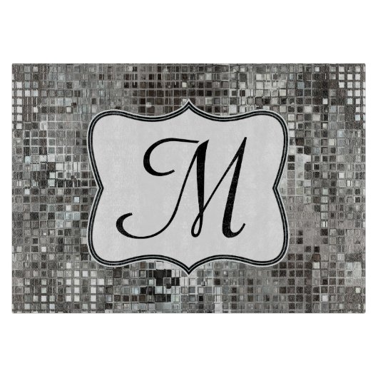 Zilveren Sequin Dazzle Monogram Glassnijplank Snijplank (Voorkant)