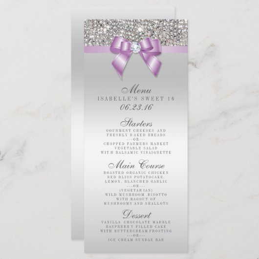 Zilveren Sequin Lila Bow Sweet 16 Menu (Voorkant / Achterkant)