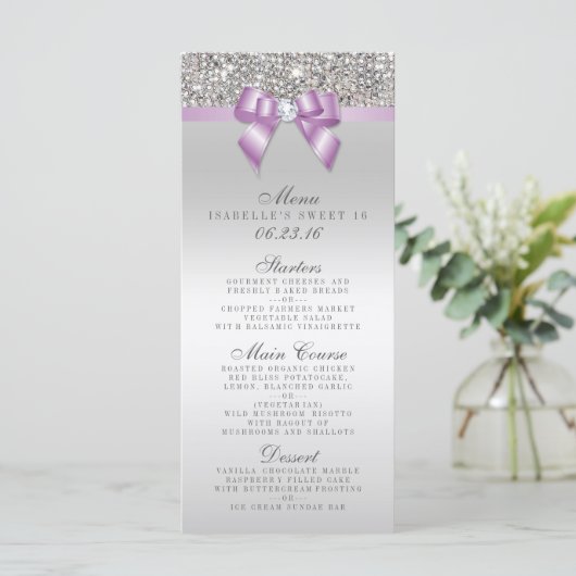 Zilveren Sequin Lila Bow Sweet 16 Menu (Staand voorkant)