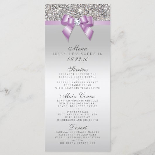 Zilveren Sequin Lila Bow Sweet 16 Menu (Voorkant)