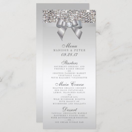 Zilveren Sequins Bow Wedding Menu (Voorkant / Achterkant)