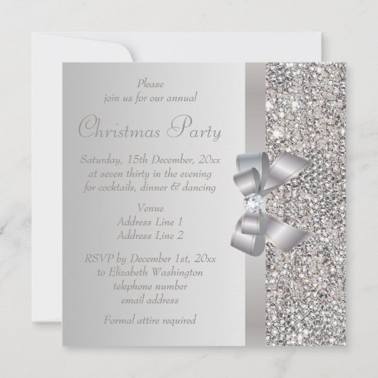 Zilveren Sequins Kerst Party Bow & Diamond Print Kaart (Achterkant)