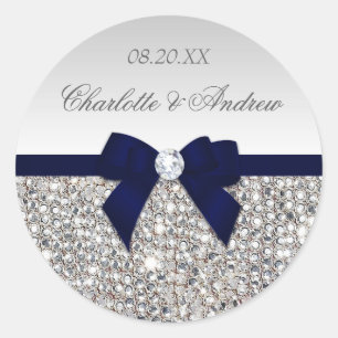 Zilveren Sequins Navy Bow en Diamond Bruiloft Ronde Sticker