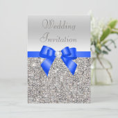 Zilveren Sequins Royal Blue Bow en Diamond bruilof Kaart (Staand voorkant)